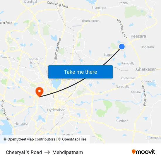 Cheeryal X Road to Mehdipatnam map