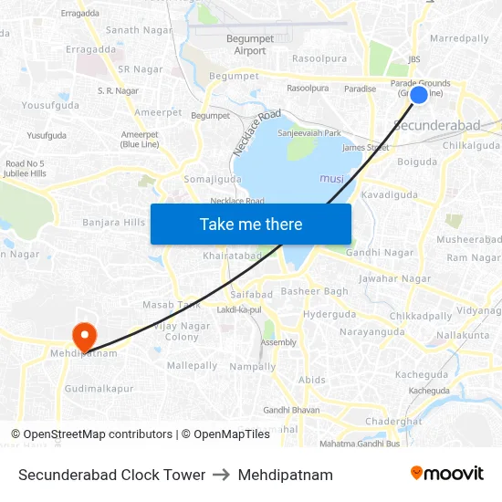 Secunderabad Clock Tower to Mehdipatnam map