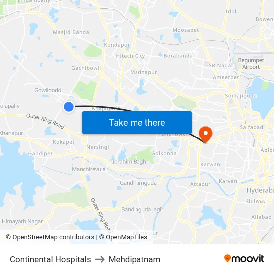 Continental Hospitals to Mehdipatnam map