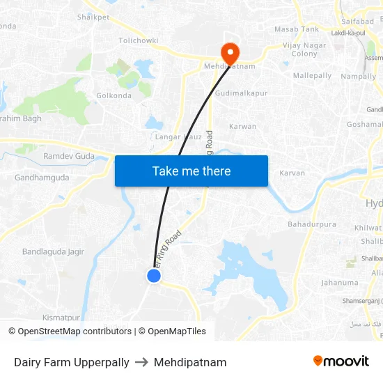 Dairy Farm Upperpally to Mehdipatnam map