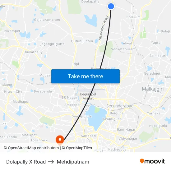 Dolapally X Road to Mehdipatnam map