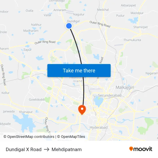 Dundigal X Road to Mehdipatnam map