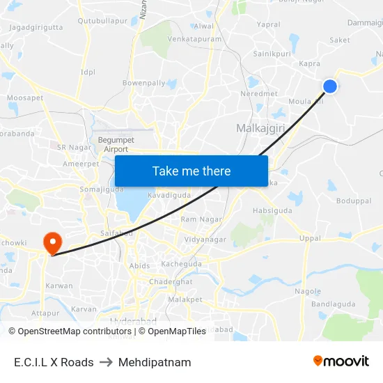 E.C.I.L X Roads to Mehdipatnam map