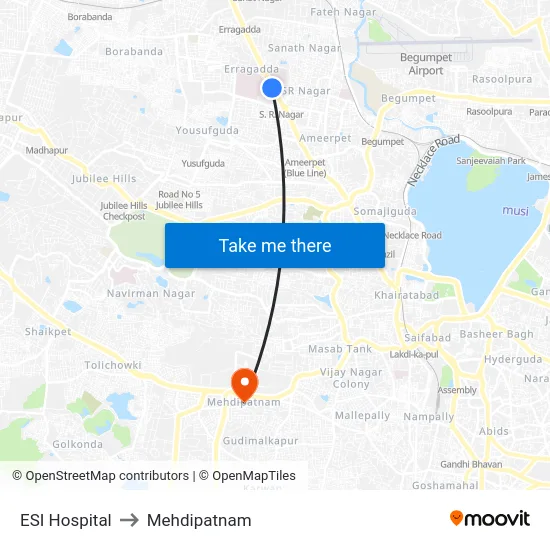 ESI Hospital to Mehdipatnam map