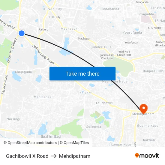 Gachibowli X Road to Mehdipatnam map
