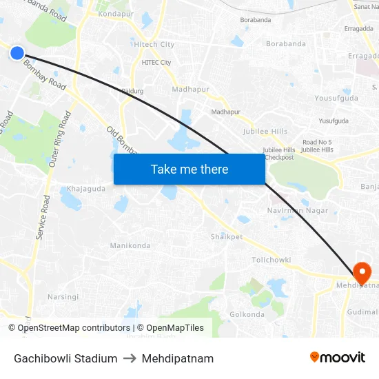 Gachibowli Stadium to Mehdipatnam map