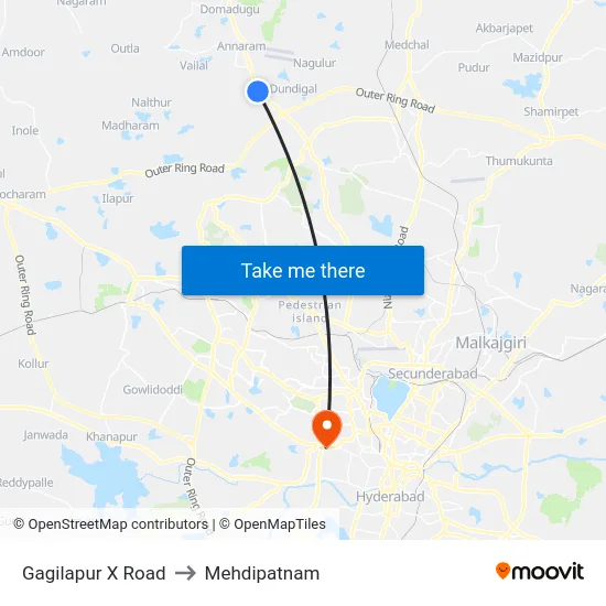 Gagilapur X Road to Mehdipatnam map