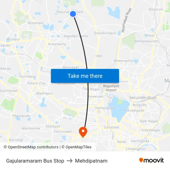 Gajularamaram Bus Stop to Mehdipatnam map