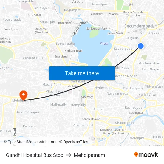 Gandhi Hospital Bus Stop to Mehdipatnam map