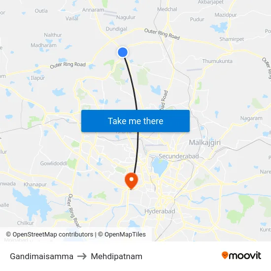 Gandimaisamma to Mehdipatnam map