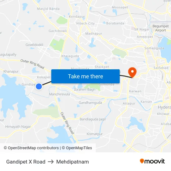 Gandipet X Road to Mehdipatnam map