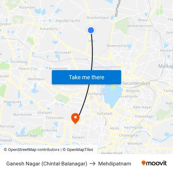 Ganesh Nagar (Chintal-Balanagar) to Mehdipatnam map