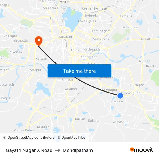 Gayatri Nagar X Road to Mehdipatnam map