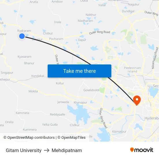 Gitam University to Mehdipatnam map