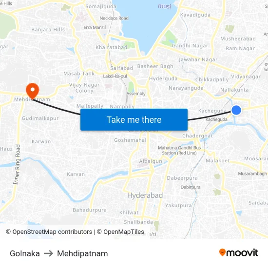 Golnaka to Mehdipatnam map