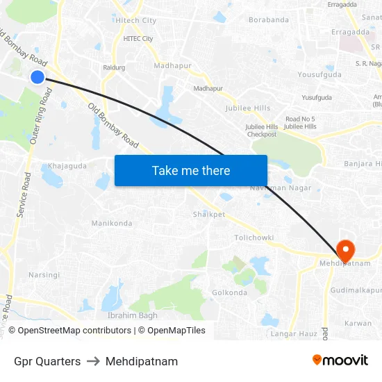 Gpr Quarters to Mehdipatnam map
