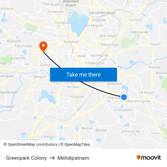 Greenpark Colony to Mehdipatnam map