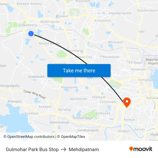 Gulmohar Park Bus Stop to Mehdipatnam map