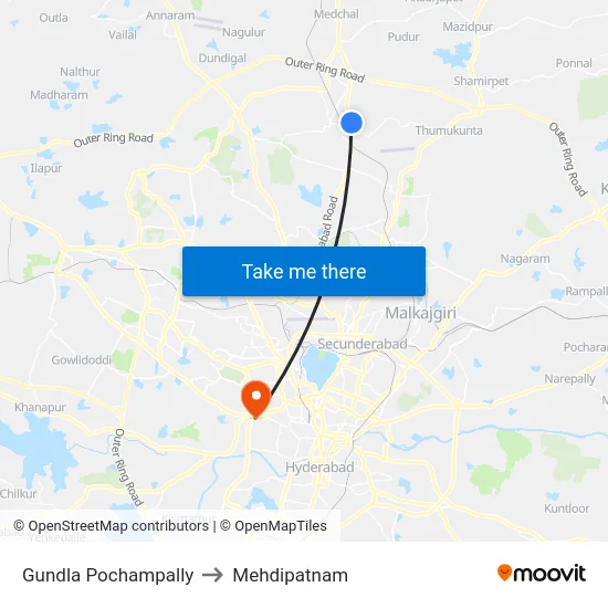 Gundla Pochampally to Mehdipatnam map