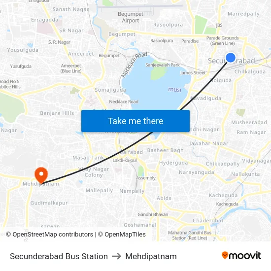 Secunderabad Bus Station to Mehdipatnam map