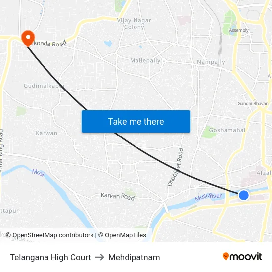 Telangana High Court to Mehdipatnam map