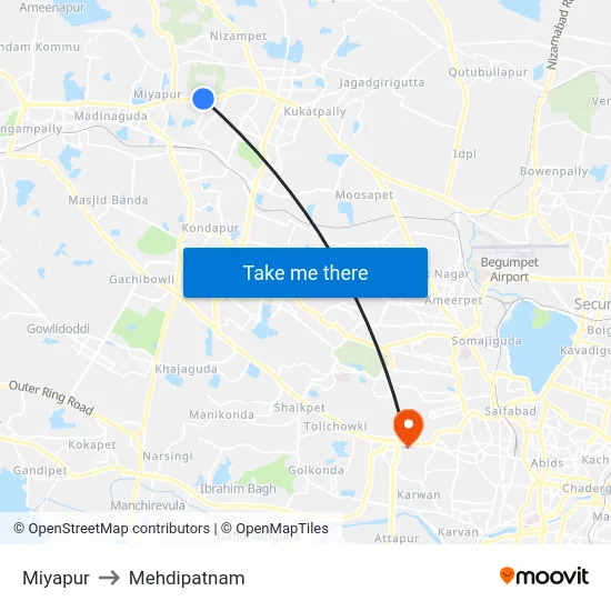 Miyapur to Mehdipatnam map