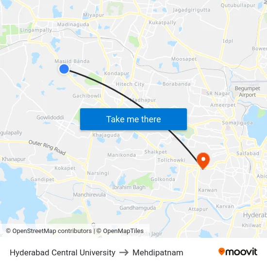 Hyderabad Central University to Mehdipatnam map
