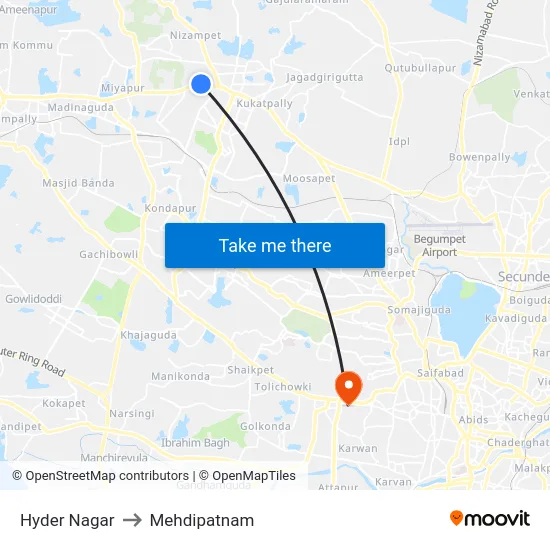Hyder Nagar to Mehdipatnam map