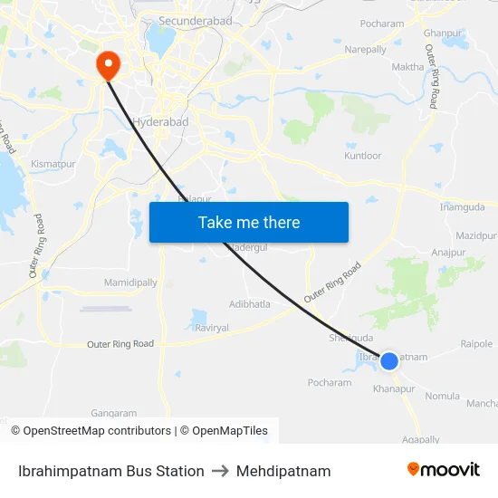 Ibrahimpatnam Bus Station to Mehdipatnam map