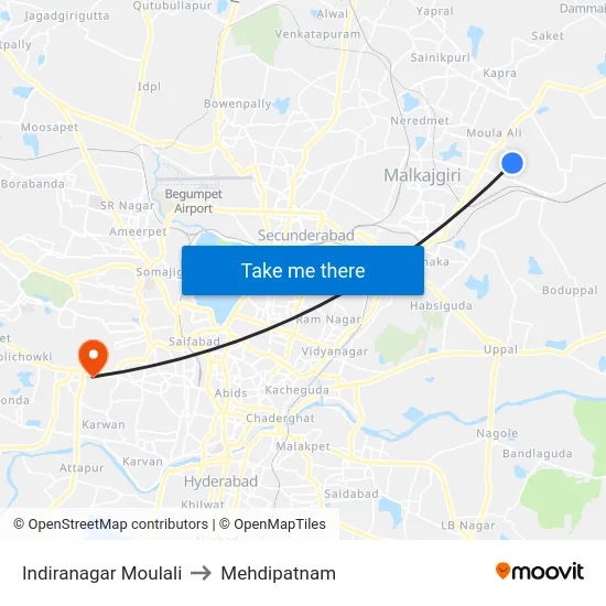 Indiranagar Moulali to Mehdipatnam map