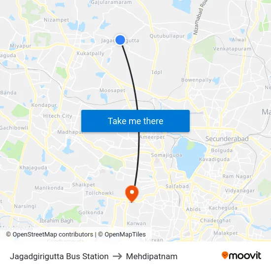 Jagadgirigutta Bus Station to Mehdipatnam map