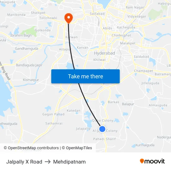 Jalpally X Road to Mehdipatnam map