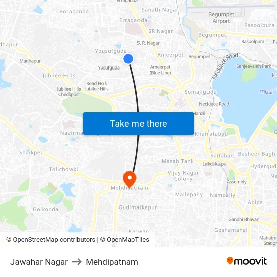 Jawahar Nagar to Mehdipatnam map