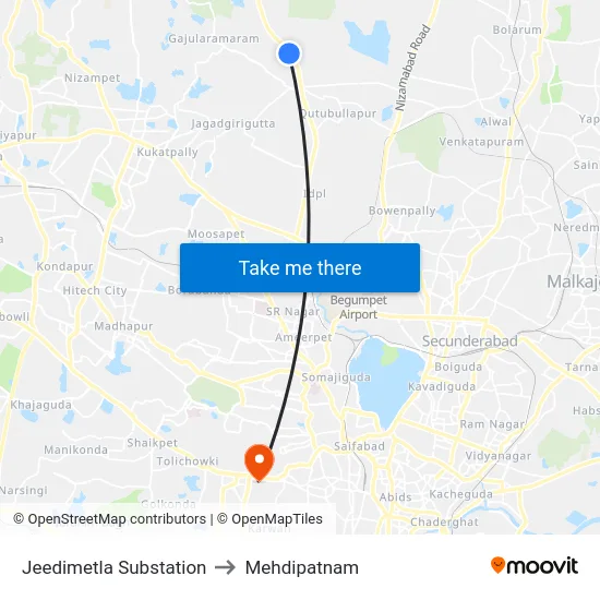 Jeedimetla Substation to Mehdipatnam map
