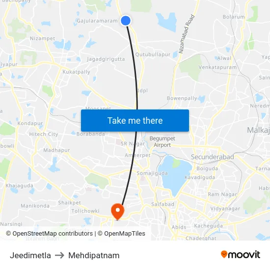 Jeedimetla to Mehdipatnam map