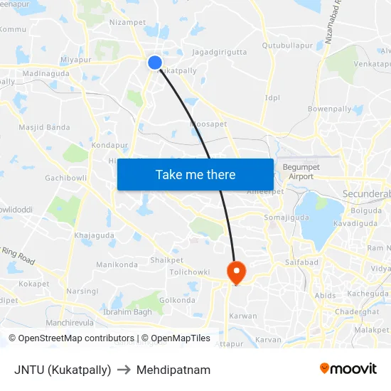 JNTU (Kukatpally) to Mehdipatnam map