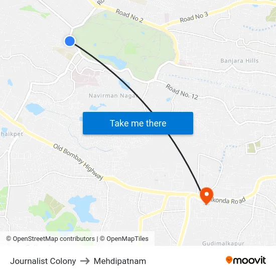 Journalist Colony to Mehdipatnam map