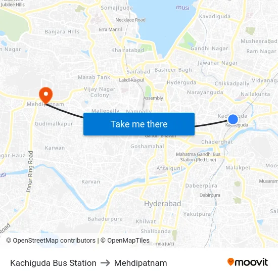 Kachiguda Bus Station to Mehdipatnam map