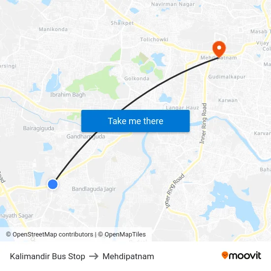 Kalimandir Bus Stop to Mehdipatnam map