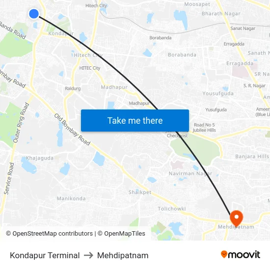 Kondapur Terminal to Mehdipatnam map