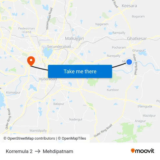 Korremula 2 to Mehdipatnam map