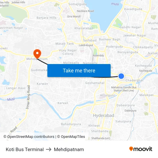 Koti Bus Terminal to Mehdipatnam map