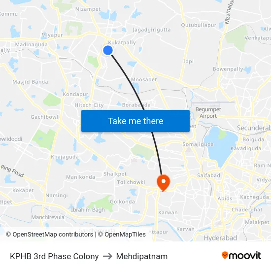 KPHB 3rd Phase Colony to Mehdipatnam map