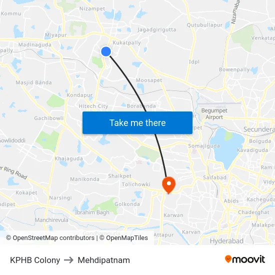 KPHB Colony to Mehdipatnam map