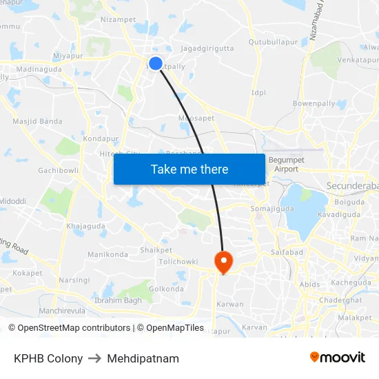 KPHB Colony to Mehdipatnam map