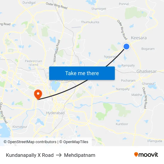 Kundanapally X Road to Mehdipatnam map