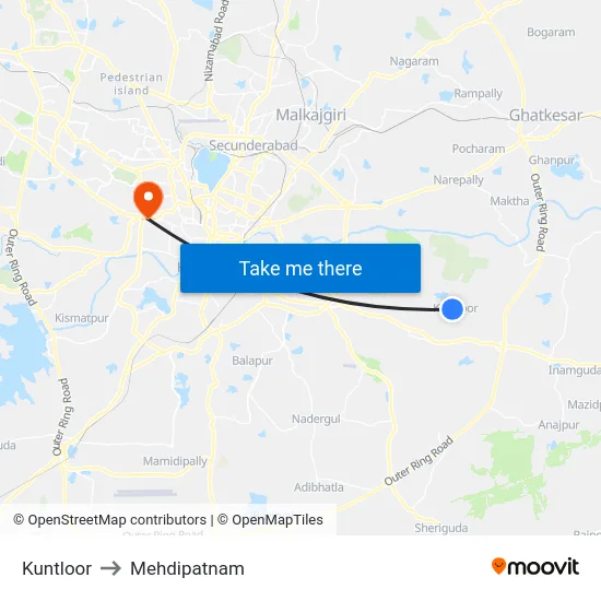 Kuntloor to Mehdipatnam map