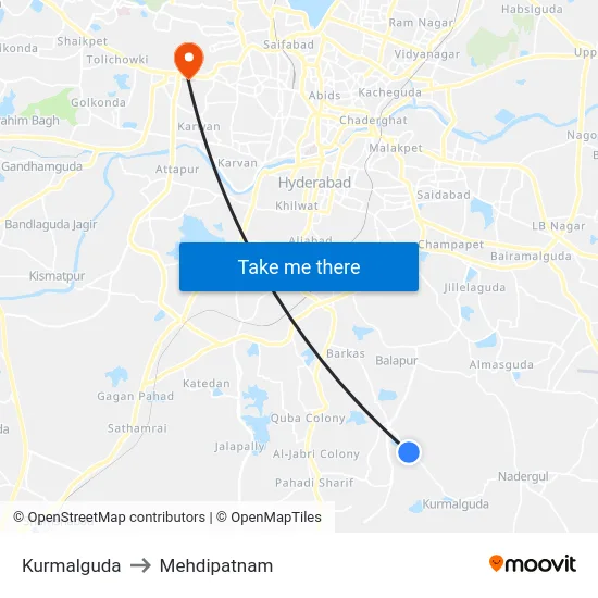 Kurmalguda to Mehdipatnam map