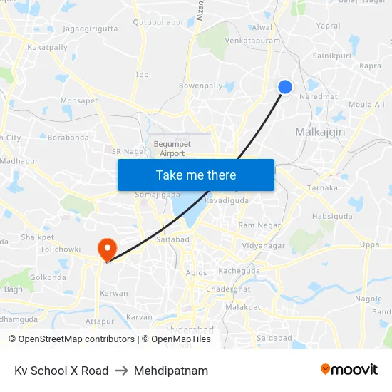 Kv School X Road to Mehdipatnam map