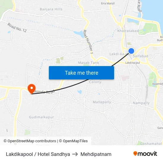 Lakdikapool / Hotel Sandhya to Mehdipatnam map